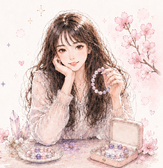 手持粉紫水晶手串的水彩少女，桌面擺放水晶、手串與櫻花